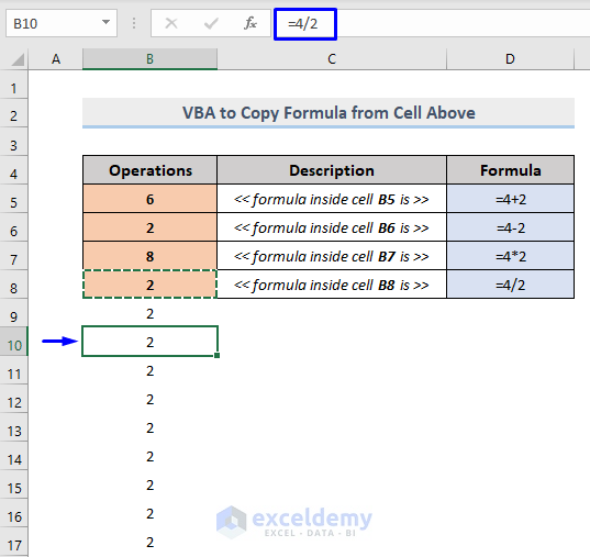 Result of excel vba make multiple copy formula from cell above