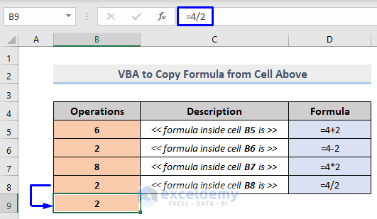 Result of excel vba copy formula from cell above of single column