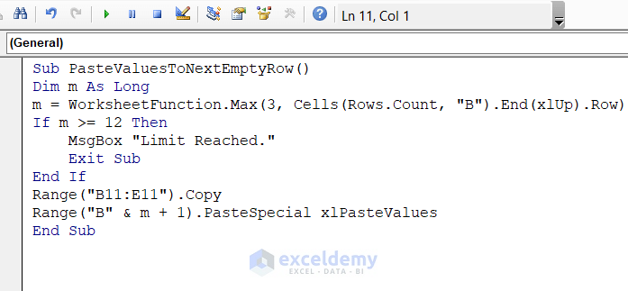 Copy the Contents of a Row and Paste Values to the Next Empty Row in Excel VBA with Condition