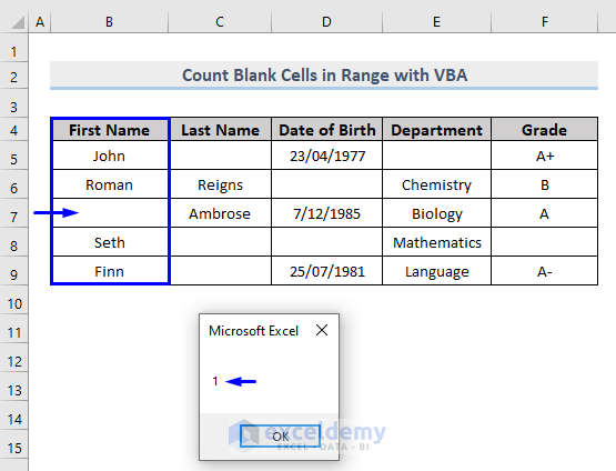 result of excel vba count blank cells in range of column with countblank