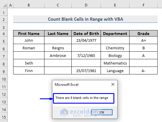 result of VBA to count blank cells in range in Excel