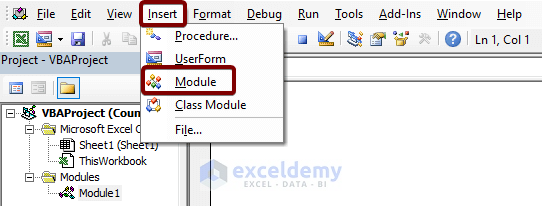 Insert a New Module: Count All the Columns in a Worksheet with Data Using VBA in Excel