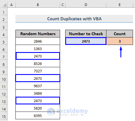 result of excel vba count duplicates in range