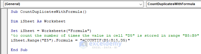 excel vba count duplicates in range with formula