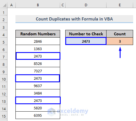 result of excel vba count duplicates in range with formula