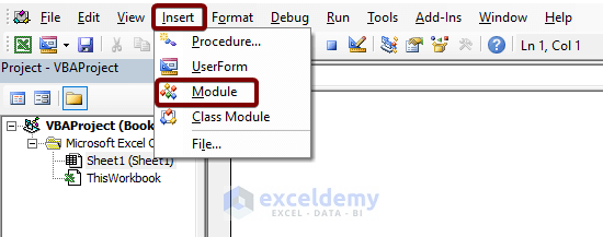 Insert a module to Manually Select a Range to Count Rows in a Sheet Using VBA in Excel