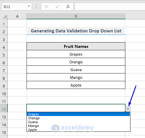 Result of generating excel vba data validation drop down list with named range