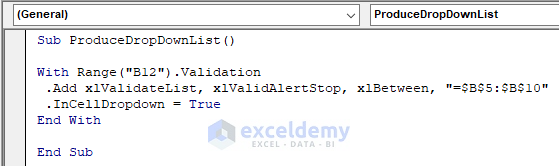 Producing excel vba data validation drop down list
