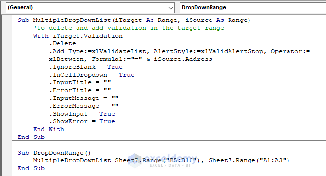 Creating multiple data validation drop down list in Excel with VBA