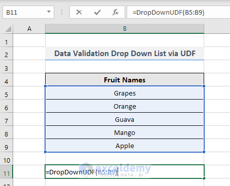 Applying UDF for excel vba data validation drop down list