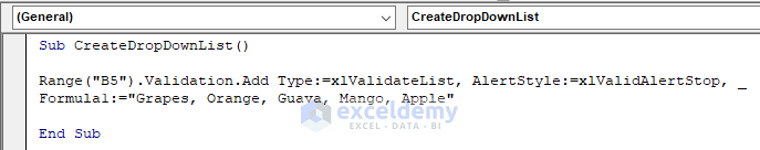 Create excel vba data validation drop down list