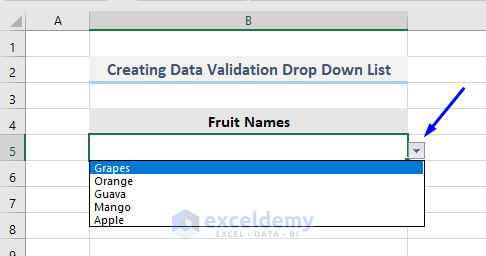 Result of creating excel vba data validation drop down list