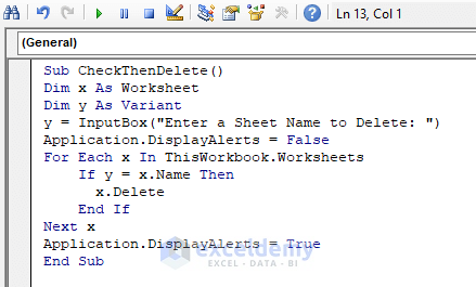 Pickup a Worksheet to Delete with No Prompt Using Excel VBA