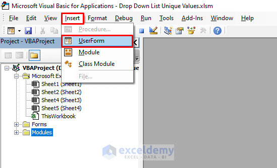 Inserting UserForm to Keep Unique Values in a Drop Down List with Excel VBA