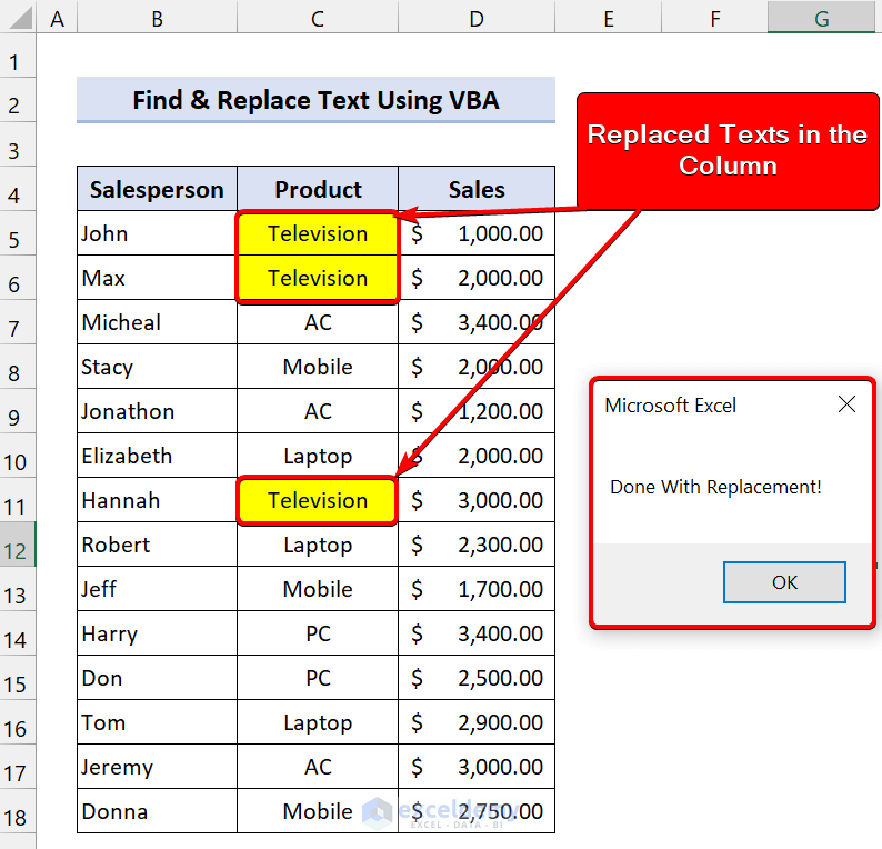VBA Codes to Find and Replace Text in a Column in Excel