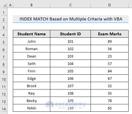 Dataset for excel vba index match multiple criteria