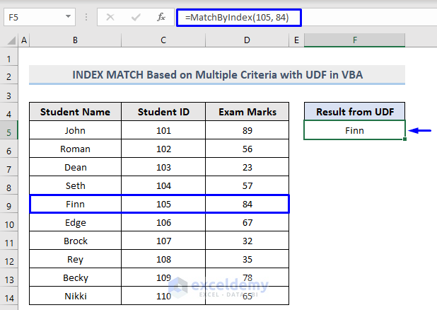 Result of Excel VBA index match based on multiple criteria with UDF