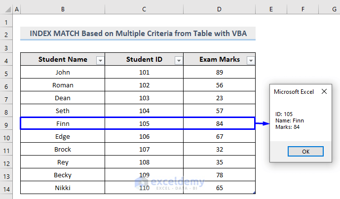 Result of excel vba index match based on multiple criteria for table in mxgbox