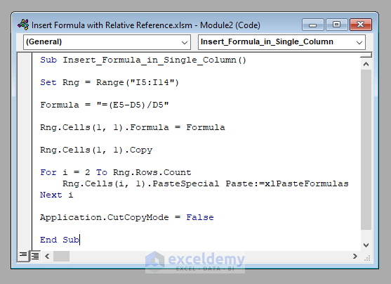 VBA Code to Insert Formula with Relative Cell Reference in Excel VBA