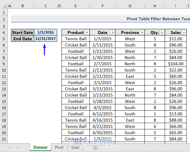 Storing dates for excel vba pivot table filter between two dates