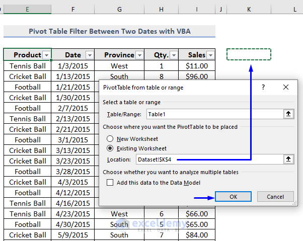 Selecting range for excel vba pivot table filter between two dates