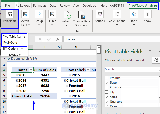 Naming the first table in excel vba pivot table filter between two dates