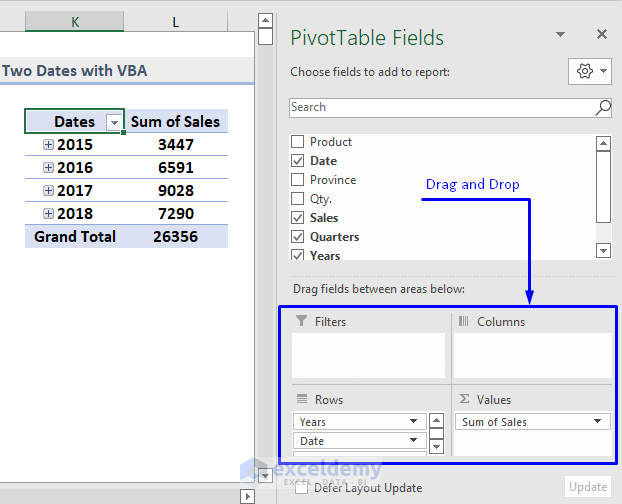 Fields for the first table of excel vba pivot table filter between two dates