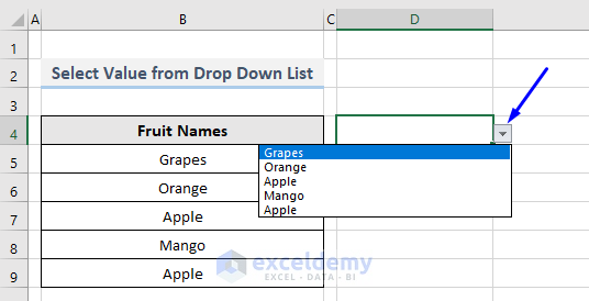 Created dropdown list for excel vba select value from drop down list