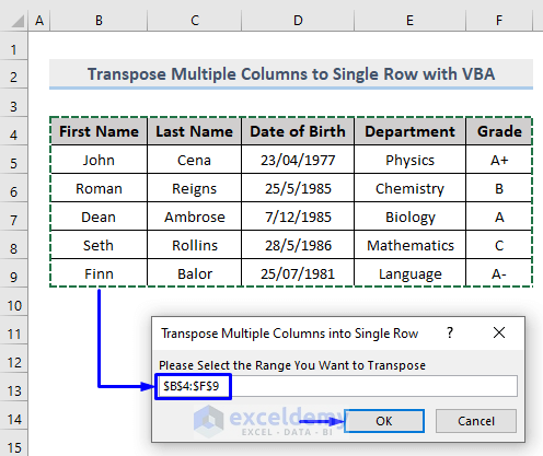 Selecting Range to Transpose Multiple Columns into Single Rows in Excel with VBA