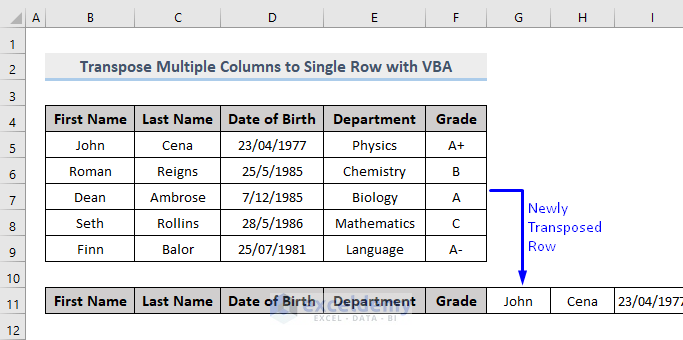 Result of VBA to Transpose Multiple Columns into Single Rows in Excel
