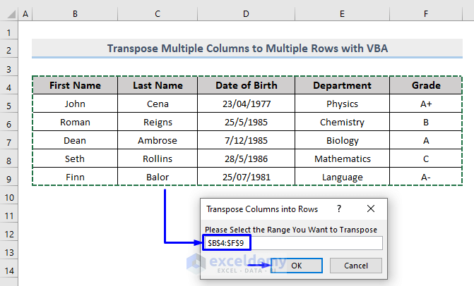Selecting Range to Transpose Multiple Columns into Multiple Rows in Excel with VBA