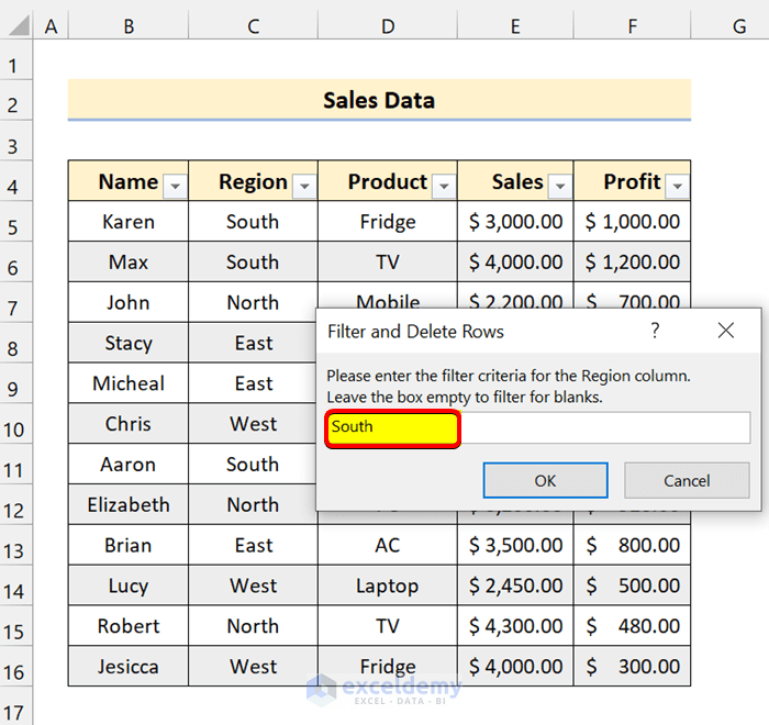 Filter Data and Delete Rows Based on Condition Specified by User