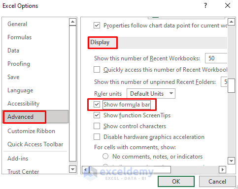 Excel File Options for Showing Formula Bar