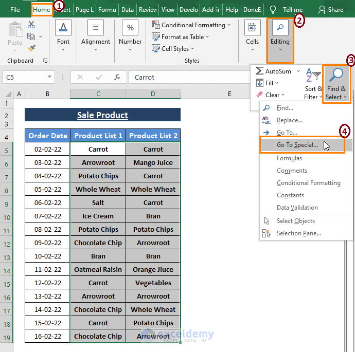 go to special 1-Compare Two Cells and Change Color in excel