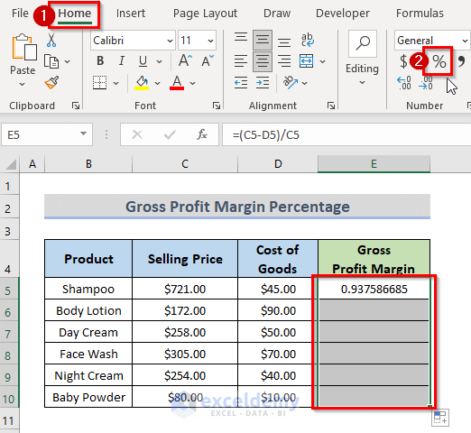2 Methods to Calculate Gross Profit Margin Percentage with Formula in Excel