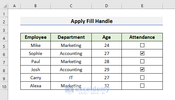 Apply Fill Handle Tool to Add Multiple Checkboxes in Excel without Using Developer