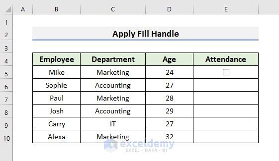 Apply Fill Handle Tool to Add Multiple Checkboxes in Excel without Using Developer