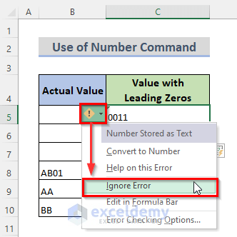Number Command to Include Leading Zeros in Excel Text Format