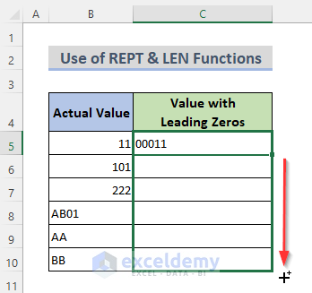 Combine REPT and LEN Functions to Add Leading Zeros in Text Format
