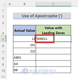 Insert Apostrophe (‘) to Add Leading Zeros in Excel Text Format