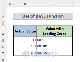 Insert BASE Function to Add Leading Zeros in Excel