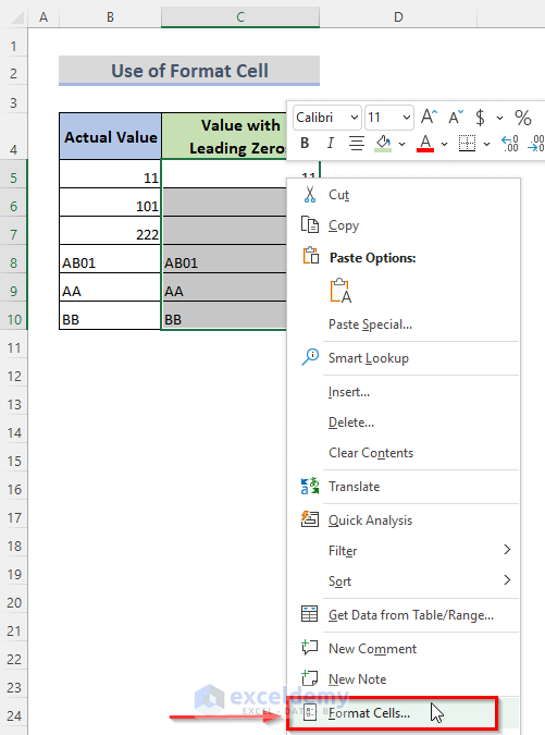 Add Leading Zeros in Text Format by Using Format Cells