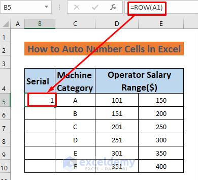 how to auto number cells in excel using row function