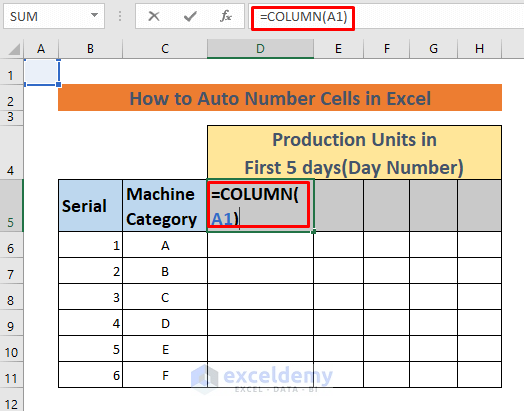 how to auto number cells in excel using column function