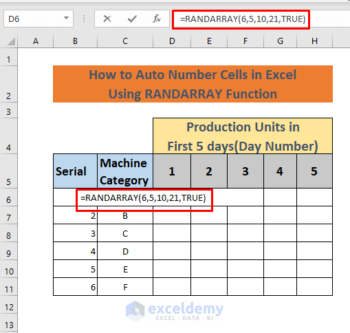 how to auto number cells in excel using randarray function