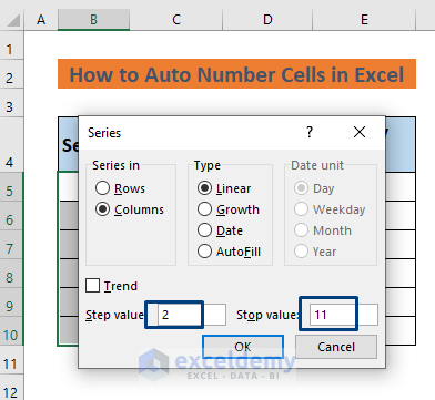 how to auto number cells in excel using series command