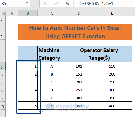 how to auto number cells in excel using offset function