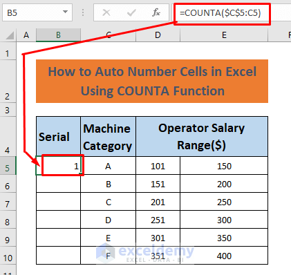 how to auto number cells in excel using counta function