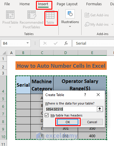 how to auto number cells in excel creating table