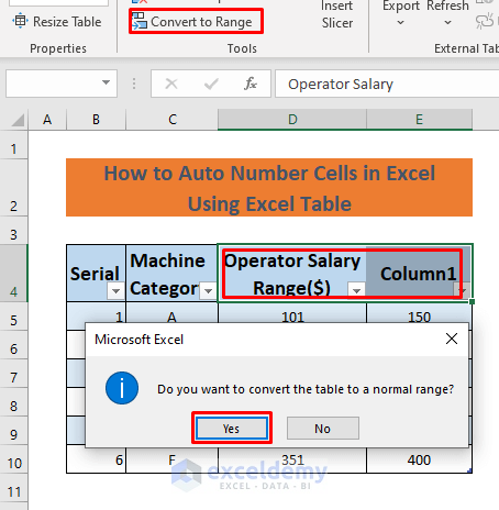 how to auto number cells in excel creating table